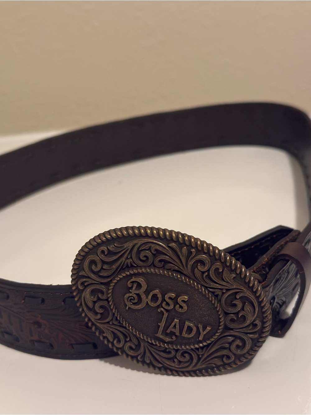 Idyllwind Brown Leather Belt with Ornate Brass-Tone 'Boss Lady' Buckle